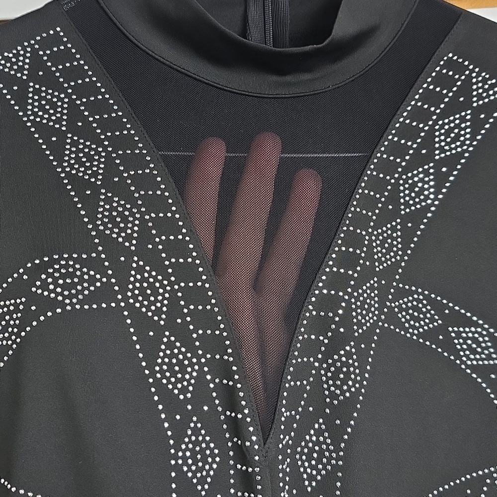 Semi Sheer Bedazzled Mock Neck Long Sleeve Top - Picture 2 of 6